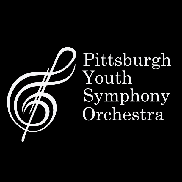 A white graphic of a treble clef, with the text "Pittsburgh Youth Symphony Orchestra" in white on the right, all on a black background
