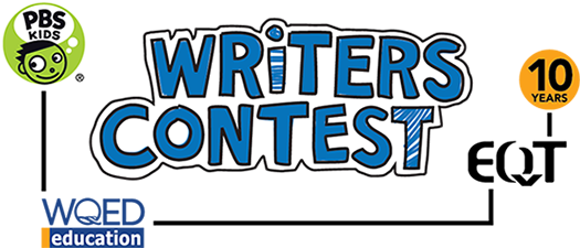 The text "Writers Contest" written in light blue with a white outline, a light green circle graphic with a small stylized drawing of a child's head and the text "PBS Kids" above on the top left, the text "WQED" in dark blue and "education" in white on a dark blue background on the bottom right, the text "EQT" in black on the bottom right, and an orange circle with the text "10 Years" on the top right