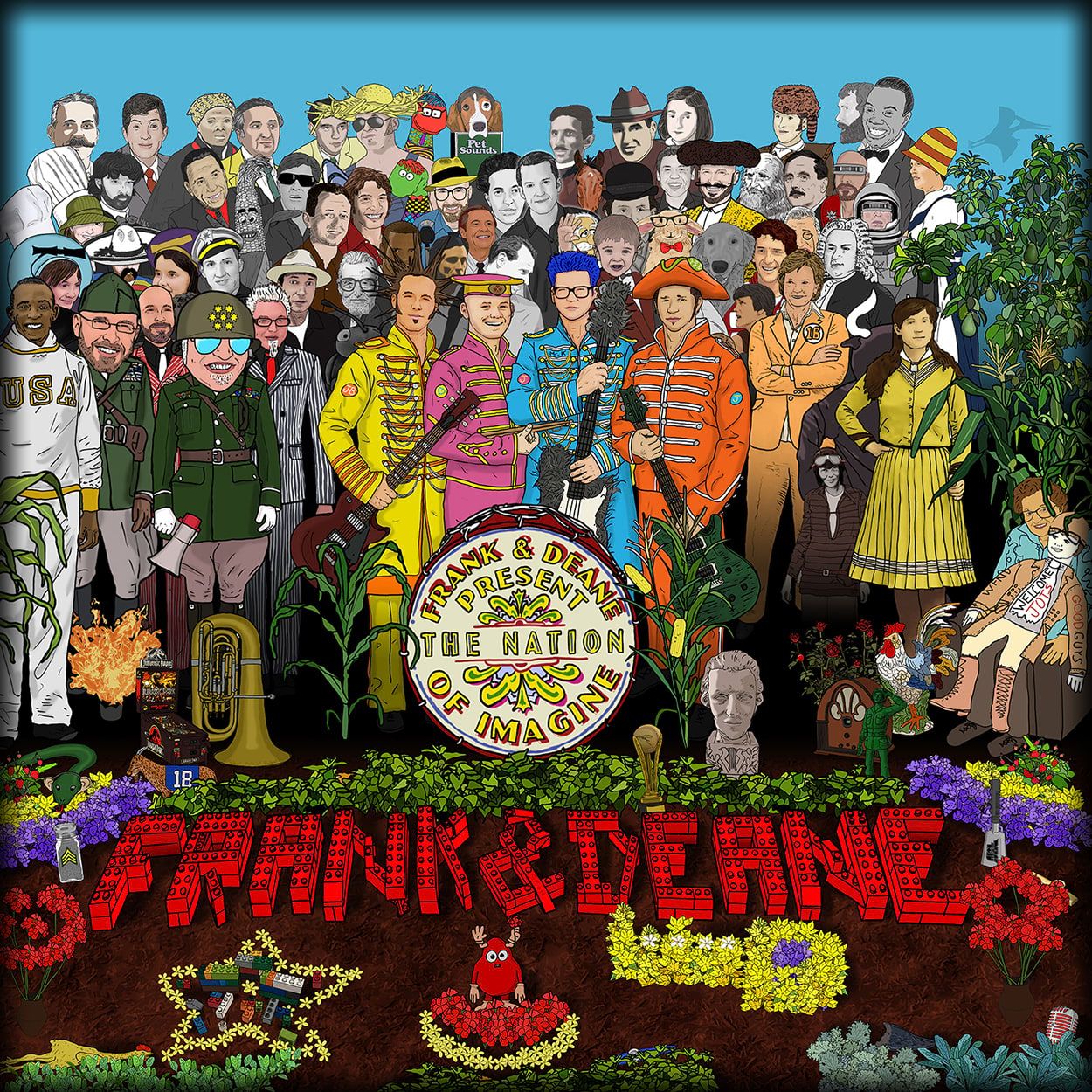 A large group of individuals standing in front of a red bass drum with the text "Frank & Deane Present The Nation Of Imagine" in yellow with a red outline on the front, along with multiple bunches of flowers in dirt along the bottom of the image, and the text "Frank & Deane" made out of red legos