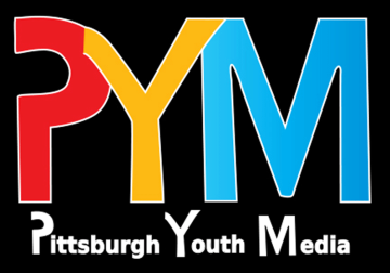 A large red letter "P", a large yellow letter "M", a large light blue letter "M", and the text "Pittsburgh Youth Media" in white underneath the large letters, all on a black background