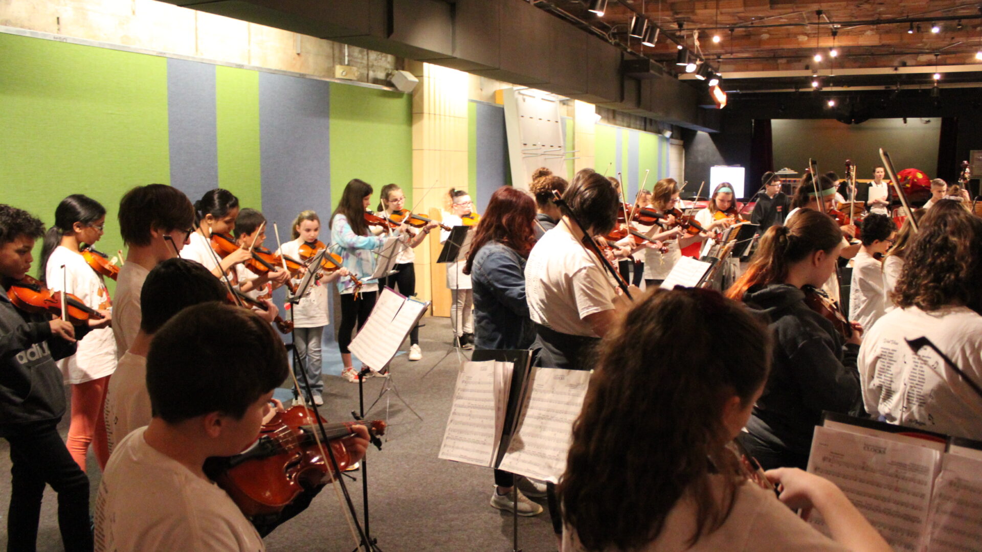 A large group of youth playing string instruments in an orchestra
