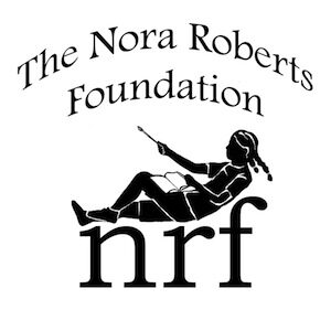 A black graphic of an individual with braids holding a paintbrush and a book on their lap, with the text "The Nora Roberts Foundation" above and "nrf" below