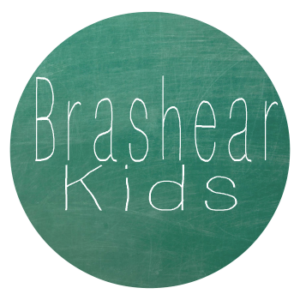 A green chalkboard circle background with the text "Brashear Kids" written in white chalk font