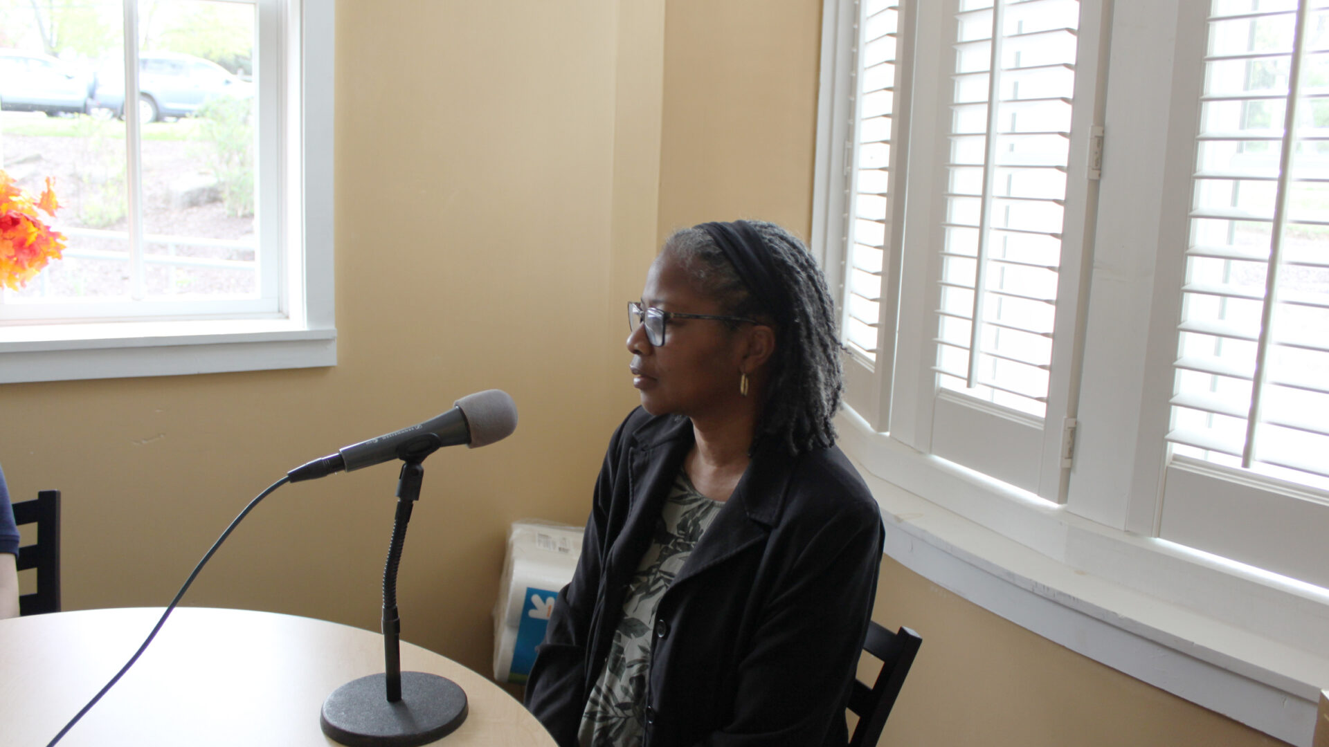 An adult sitting in front of a microphone in a tan colored room with white windows