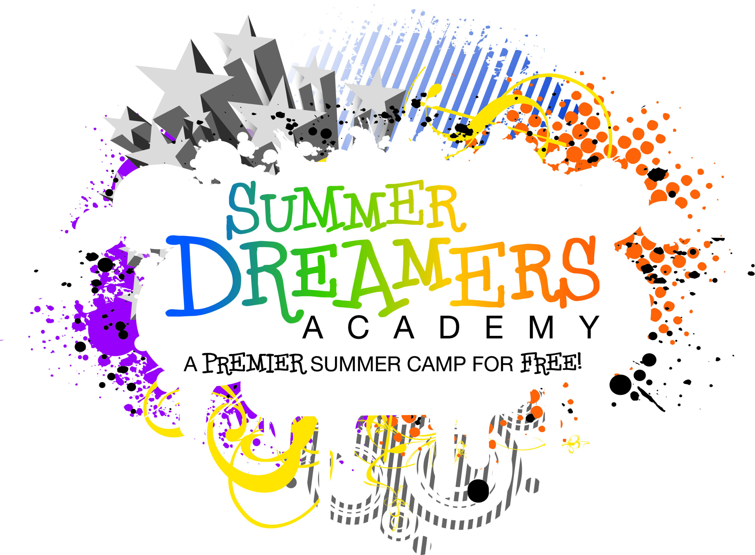 The text "Summer Dreamers" in rainbow, "Academy" in plain black font, and "A Premier Summer Camp for Free!" in stylized black font, surrounded by a multicolored explosion graphic