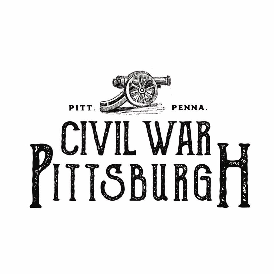 An old sketch of a cannon, with the text "PITT" in black on the left, "PENNA" in black on the right, and "Civil War Pittsburgh" in large black font underneath