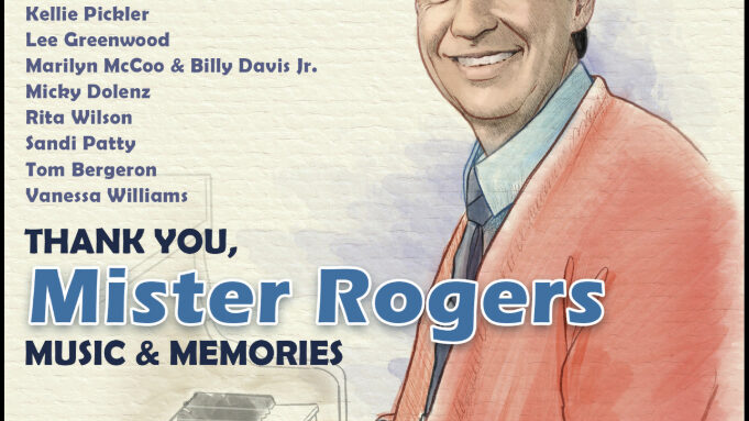 A drawing of an adult with graying black hair and a red sweater vest playing a piano, along with a list of names and the text "Thank you," in dark blue, "Mister Rogers" in light blue, "Music & Memories" in dark blue, and "Fred's Songs Performed By Award Winning Artists" in white
