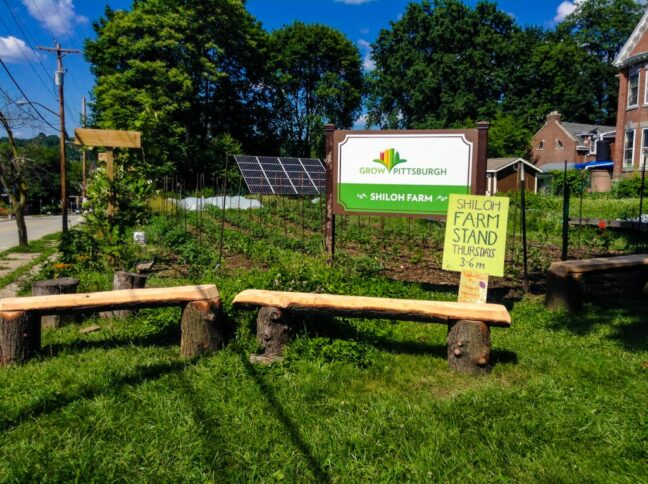 A small farm in front of a brick house, with wooden benches made out of tree stumps in front, and a yellow sign with the text "Shiloh Farm Stand Thursdays 3-6 PM" on it, along with a bigger sign behind depicting a graphic of a city and the text "Grow Pittsburgh" written in green, and "Shiloh Farm" in white on a green background underneath