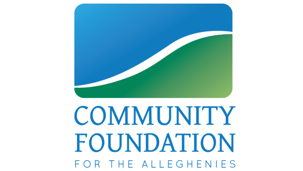 A blue and green rectangle with a white curved line in the center, with the text "Community Foundation For The Alleghenies" in light blue underneath