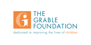 The letter G stylized to have a cartoon graphic of a human inside the G, inside an orange square, with the text "The Grable Foundation" in light blue to the right, and "dedicated to improving the lives of" in light blue and "children" in orange underneath