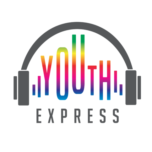 the text "Youth Express" in rainbow surrounded by black earphones on a white background