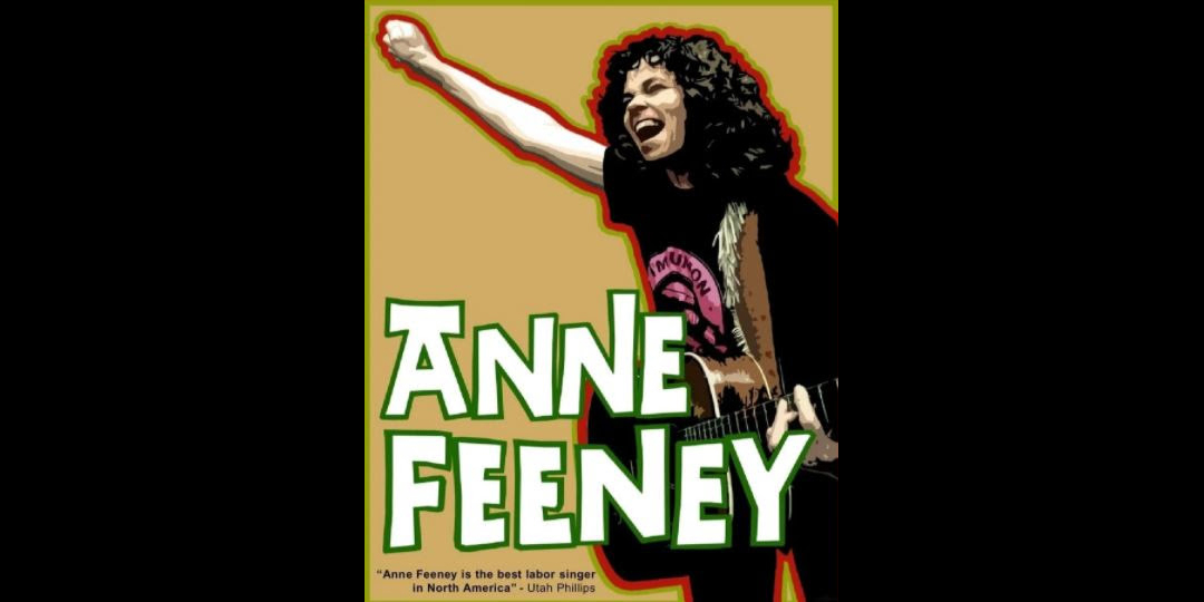 Stylized picture of an adult with long curly black hair holding a guitar and cheering, with the text "Anne Feeney" in white with green outlines, all on a pale orange background