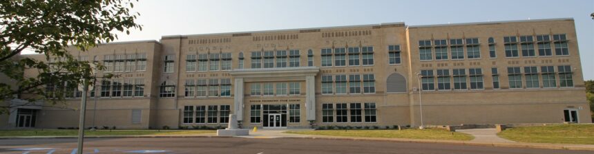 Wide shot of a public school in the daytime