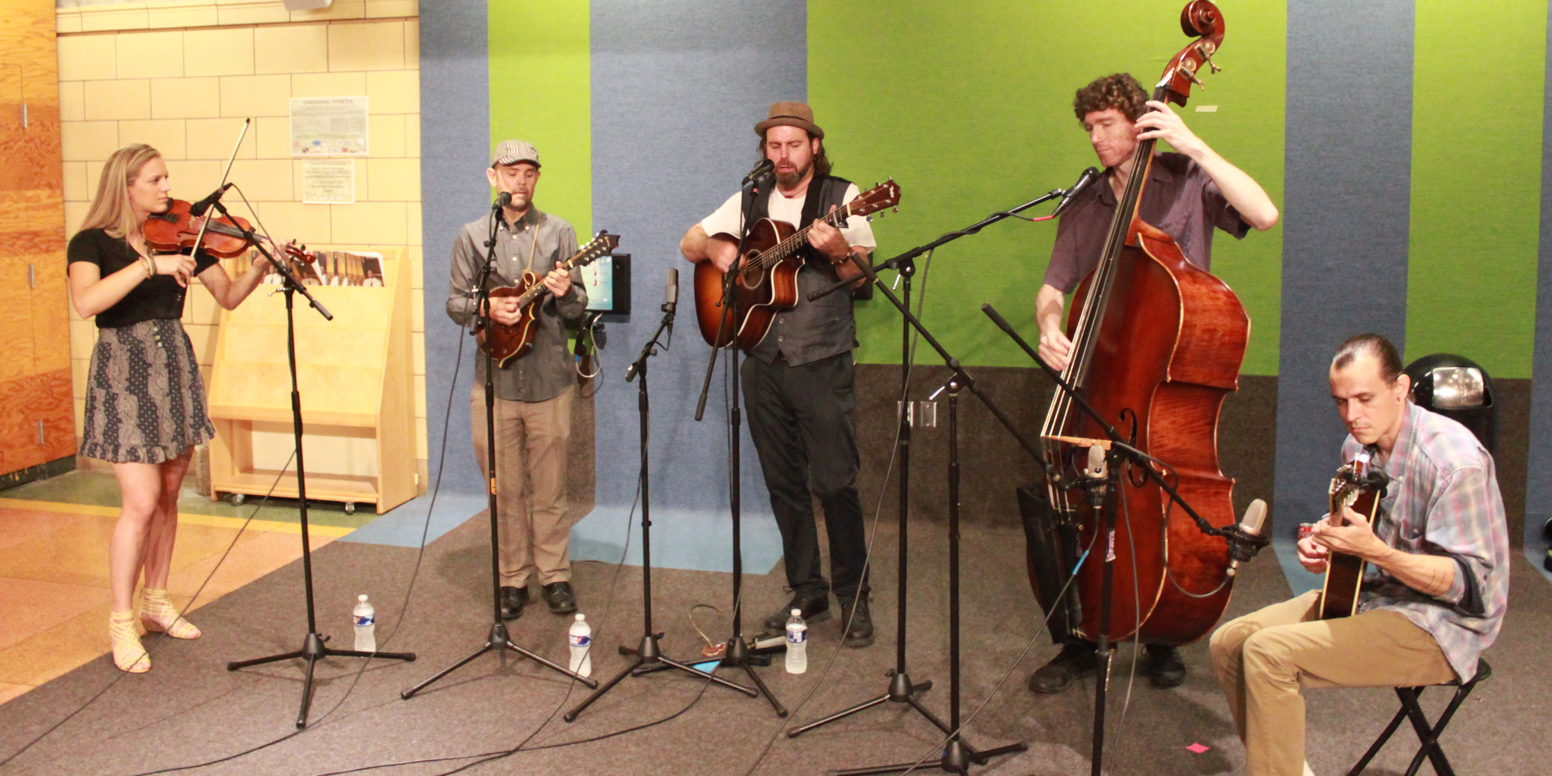Five adult musicians performing on fiddle, mandolin, guitar, upright bass, and bouzouki