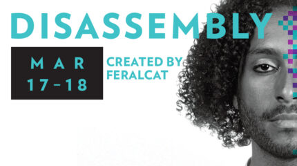 An adult with long curly hair, a short beard, and a mustache in profile, with the text "Disassembly" and "Created by Feralcat" in light blue on a white background, and "Mar 17-18" in light blue in a black rectangle