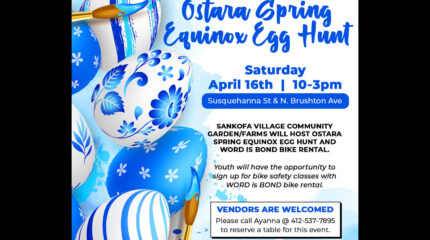 A graphic of white and blue easter eggs, all decorated with various different patters, along with text advertising the Ostara Spring Equinox Egg Hunt