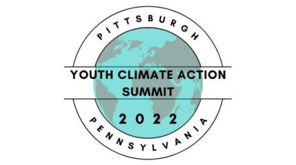 The text "Youth Climate Action Summit" and "2022" in black superimposed on a graphic of the Earth, with the text "Pittsburgh" above the globe and " Pennsylvania" underneath the globe, both in black