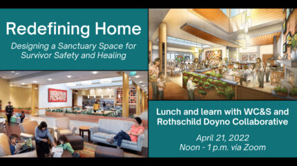 A photo and a drawing of spaces where adults are interacting with and helping kids, along with text advertising "Lunch and learn with WC&S and Rothschild Doyno Collaborative"
