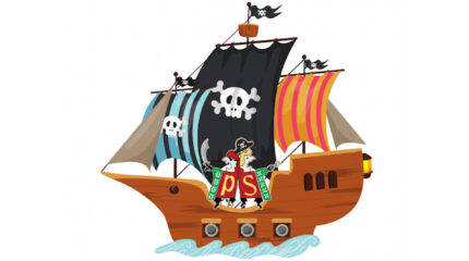 Cartoon of two people dressed as pirates on a pirate ship