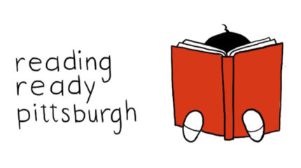 Graphic of a person reading a book, with the text "reading ready pittsburgh" on the left