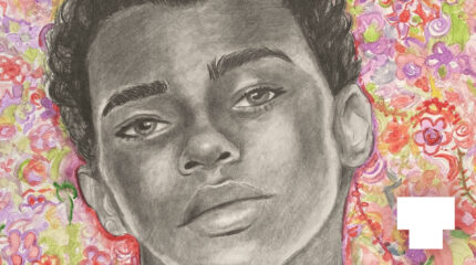 Illustrated image of a pencil sketched teen with water colored floral background