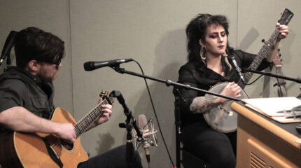 Two adult musicians playing banjo and guitar