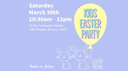 illustration of rabbits with a balloon reading "Kids Easter Party" and other informational supplementary text