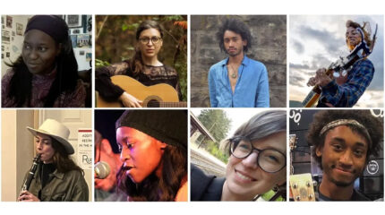 eight panel graphic with four adult musician's headshots featured