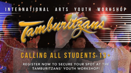 Two adults dancing with a stylized Tamburitzans logo and workshop info superimposed on top