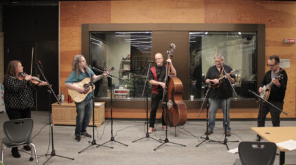 five piece bluegrass band with adult performers on banjo, mandolin, upright bass, guitar, and fiddle
