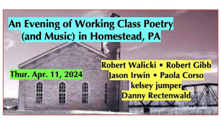 A black and white picture of a house attached to a bridge, with text advertising an event, the date, and the people involved