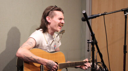 An adult with sunglasses and a harmonica singing into a microphone and playing a guitar