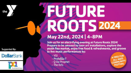 A black silhouette of an individual wearing orange sunglasses on a purple background, and text advertising Future Roots 2024