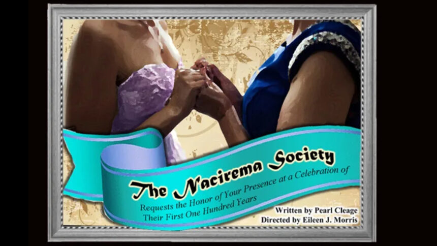 Painted drawing of two people holding hands, with a light blue ribbon advertising "The Nacirema Society" in front