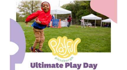A child in a red windbreaker posing in a field of green grass, with white tents in the background, and the text "Playful" in a stylized yellow font, "pittsburgh" in green, and "Ultimate Play Day" in purple on the bottom