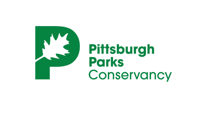 A large green letter P with a leaf inside, and the text "Pittsburgh Parks Conservancy" in green on the left