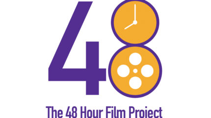 A large purple 4 and a large purple 8 with an orange analog clock in the top half and an orange film reel in the bottom half, with the text "The 48 Hour Film Project" in purple on the bottom