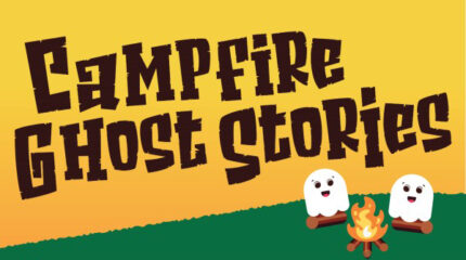 Two cartoon ghosts sitting on logs in front of a campfire on a green hill, with the text "Campfire Ghost Stories" in large dark brown font on an yellow-orange background