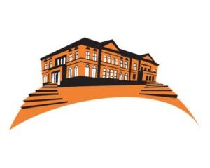 A graphic of an orange building with two sets of stairs leading up to it