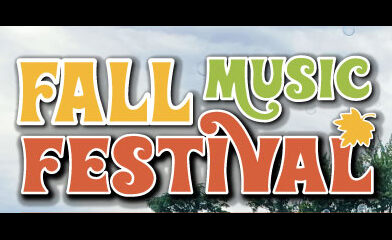 The text "Fall" in large orange font, "Music" in large green font, and "Festival" in large red font, with an orange leaf resting on the L of Festival