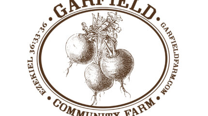 A brown graphic of turnips inside a brown oval border surrounded by the text "Garfield" "GarfieldFarm.com" "Community Farm" and "Ezekiel 36:33-36" in brown
