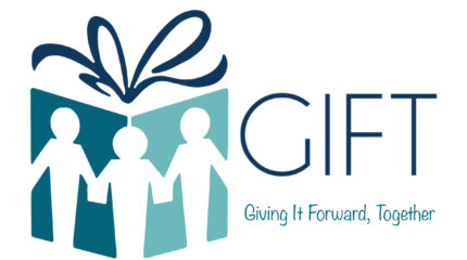 A graphic of a blue gift box with white mannequins holding hands, along with the text "Gift" in dark blue and "Giving It Forward, Together" in light blue