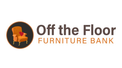 A graphic of a red heart sitting on an orange lounge chair, along with the text "Off the Floor" in brown and "Furniture Bank" in orange