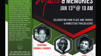 Three black and white headshots of adults and text advertising the Music and Memories event at AME Church