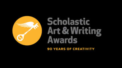 A graphic of a white key with wings in an orange circle, along with the text "Scholastic Art & Writing Awards" in large gray font and "90 Years of Creativity" in small orange font, all on a black background