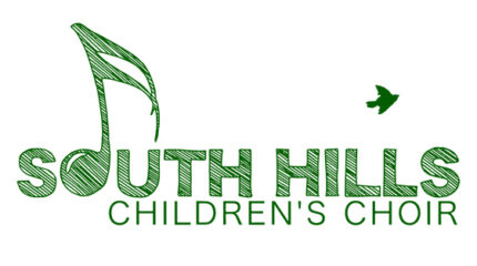 The text "South Hills Children's Choir" in dark green, with the O in South replaced by a sixteenth note, and a small green bird flying over the text