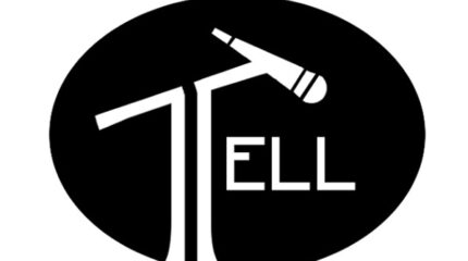 The text "Tell" in white inside a black oval, with the t in Tell replaced with a microphone on a microphone stand