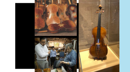 A large collection of violins, a violin in a display case, and two adults watching another adult test a violin