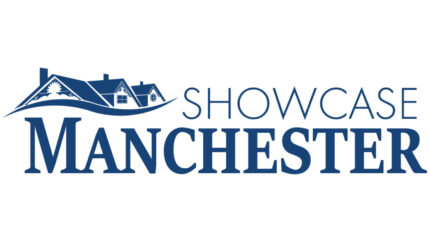 A blue graphic of a farmhouse, with the text "Showcase Manchester" in dark blue on a white background