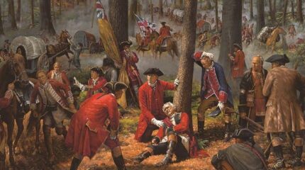 A painting of a revolutionary war battle taking place in a fores